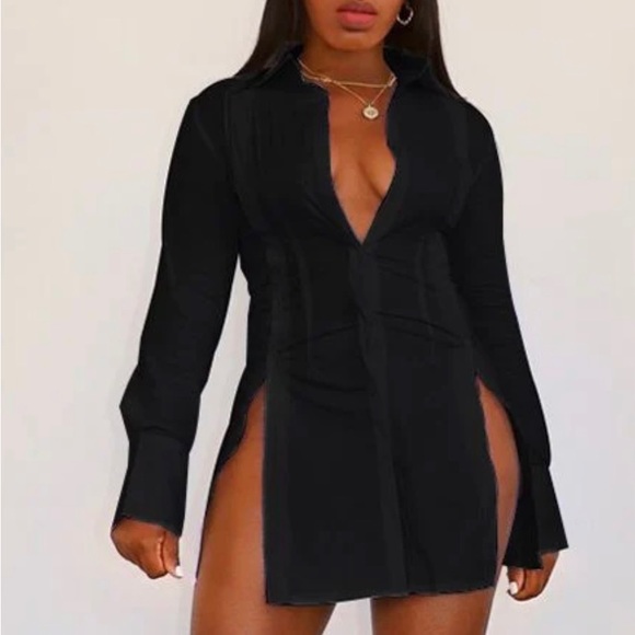 New! Sleek Black Button-Down Statement Dress | Large-Black ONLY*Last One Left! - Picture 3 of 9